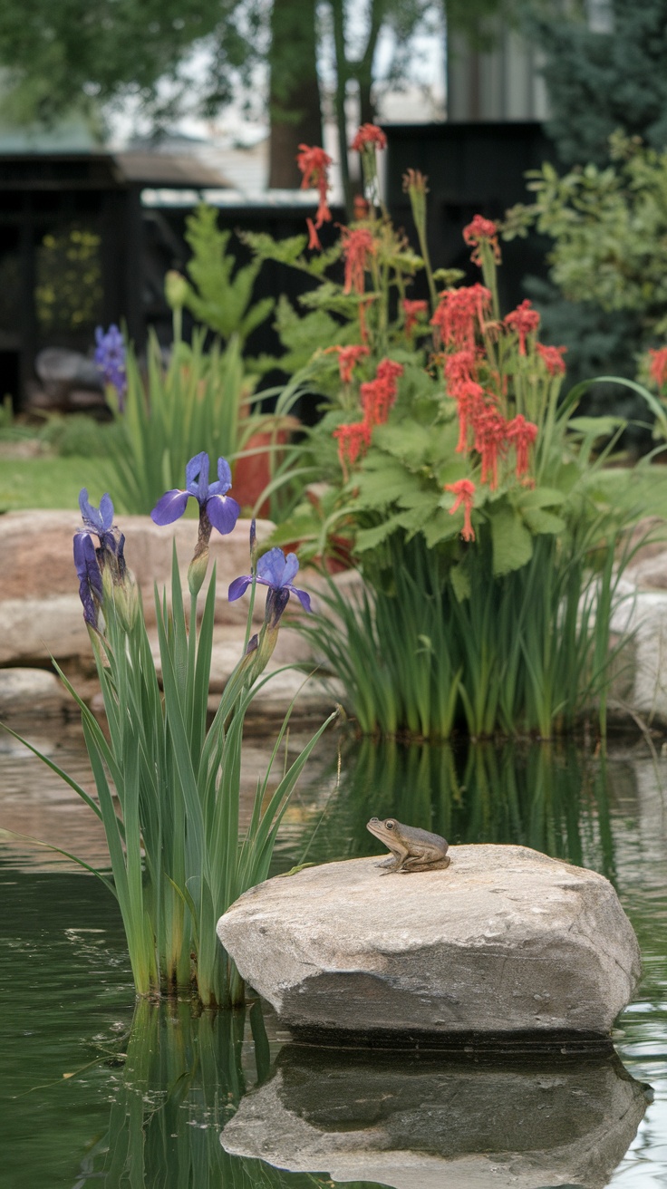 A serene wildflower garden with a pond featuring blue irises and red flowers, with a frog sitting on a rock.