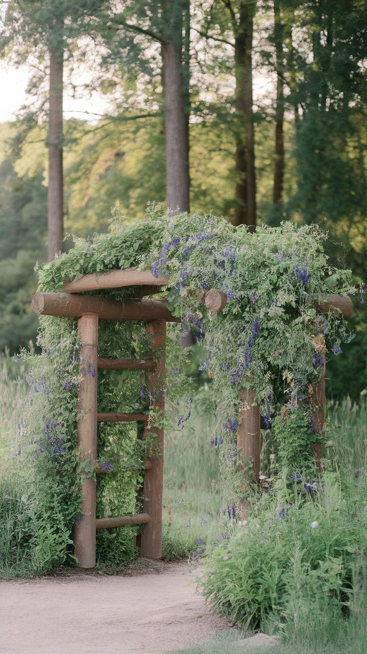 A wooden archway covered in green vines and blue flowers, leading into a wildflower garden