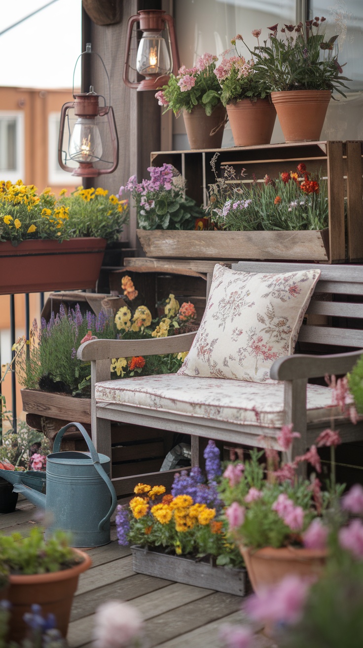 Cozy balcony garden with wildflowers and a wooden bench.