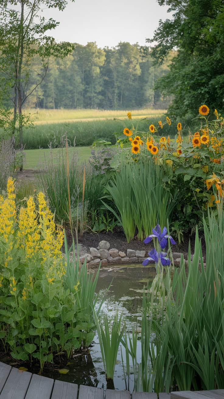 A colorful wildflower rain garden featuring sunflowers, yellow flowers, and purple blooms around a serene pond.