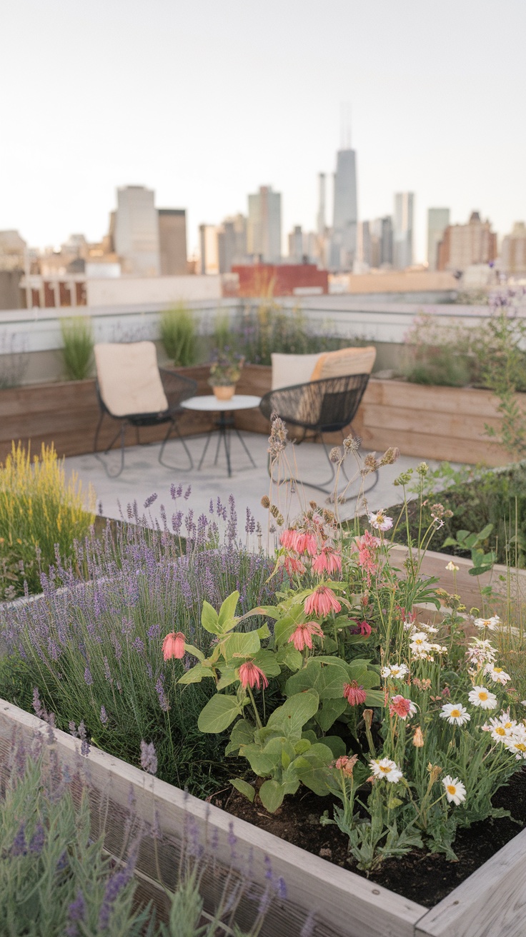 A vibrant rooftop garden featuring various wildflowers with a city skyline in the background.