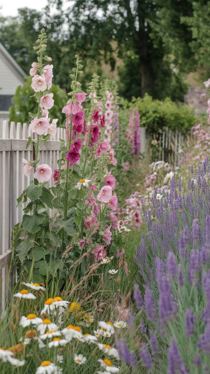 A colorful side garden filled with hollyhocks, daisies, and lavender, bordered by a wooden fence.