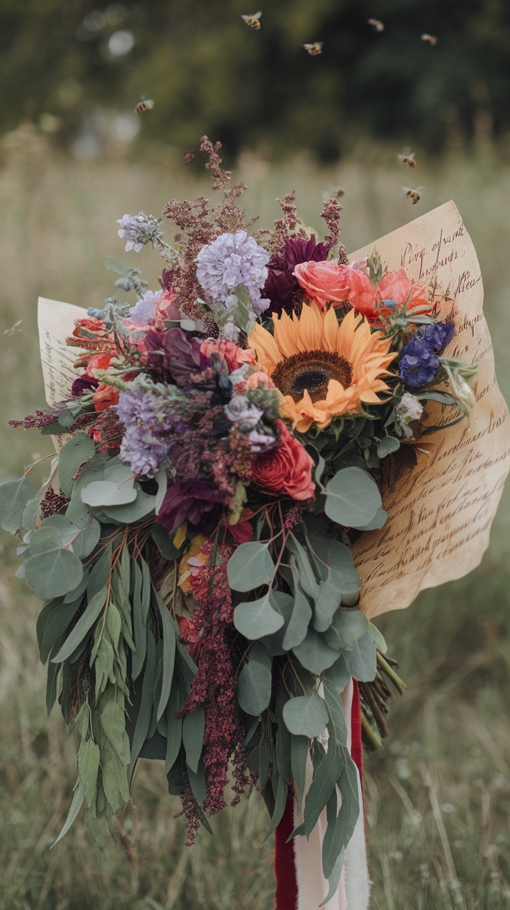 A vibrant bouquet featuring a sunflower surrounded by various wildflowers and greenery