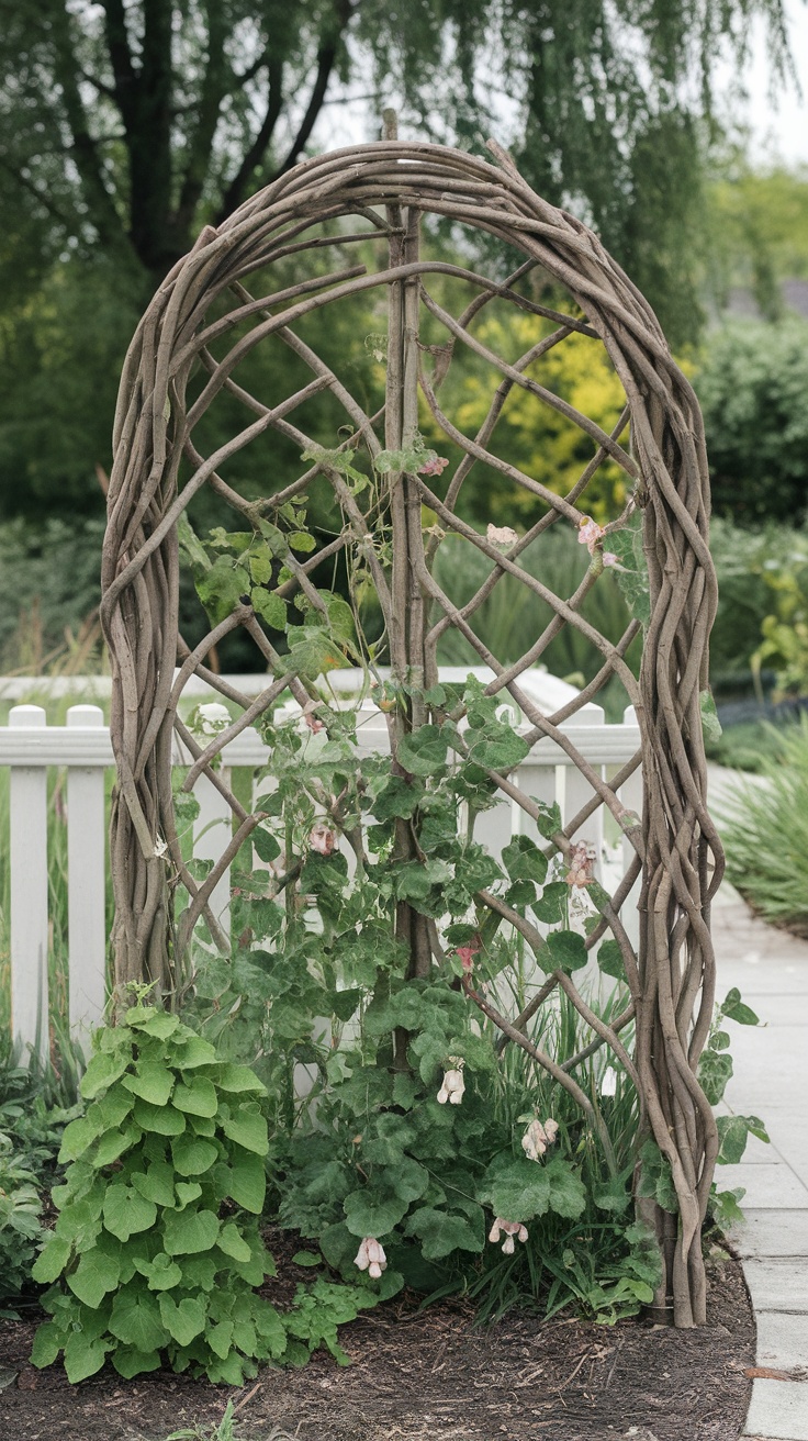 A willow branch fan trellis covered with climbing plants in a garden