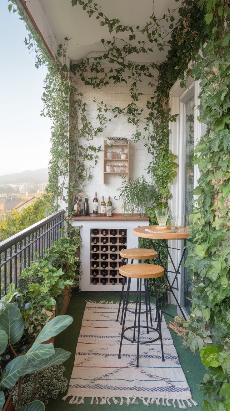 A balcony garden featuring a wine bar with lush greenery, wooden stools, and a cozy rug, creating a relaxing space.