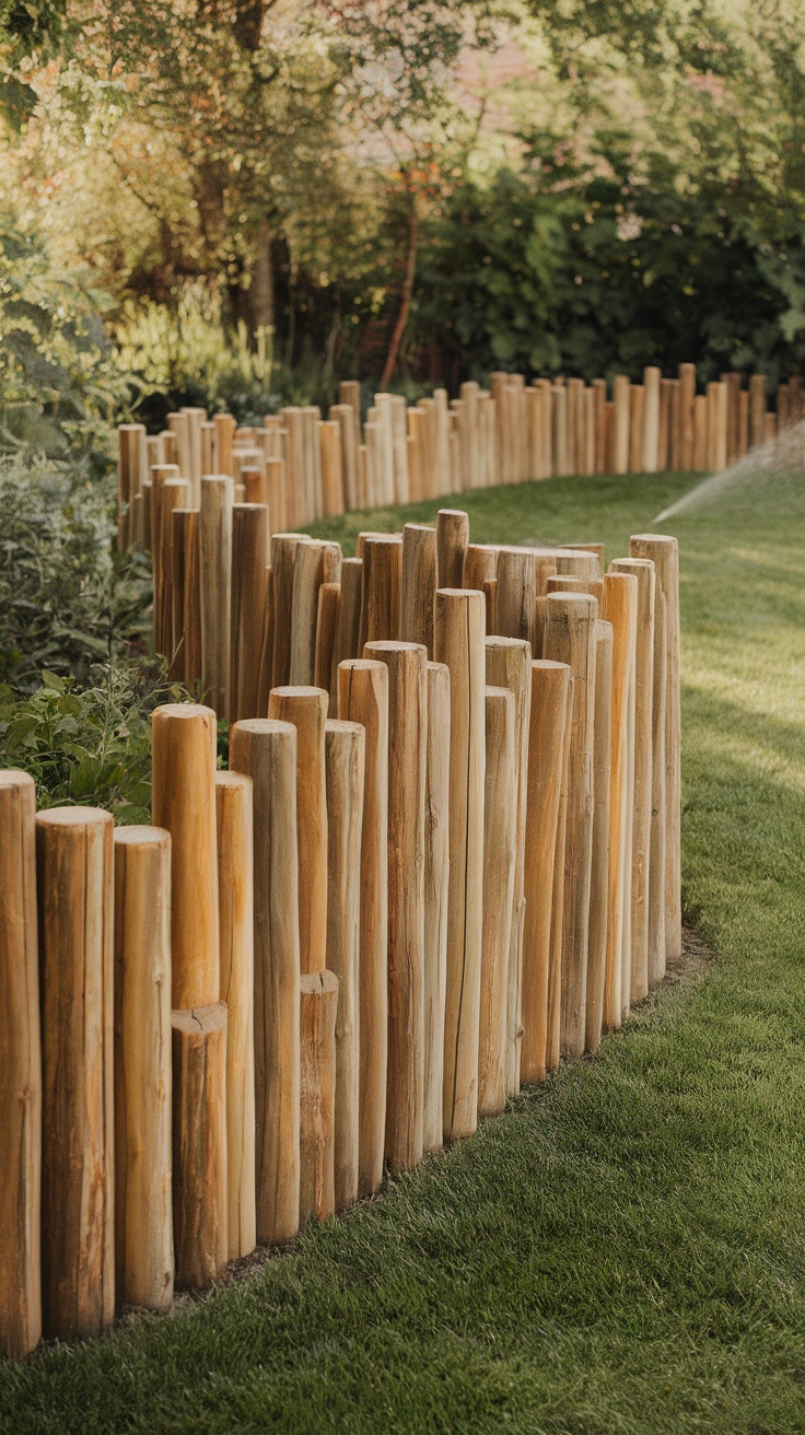 Wooden log roll border defining a green garden area.