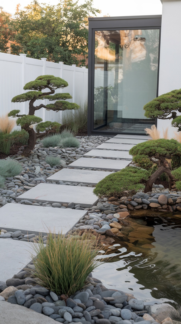 A modern entryway featuring a stone pathway bordered by pebbles, bonsai trees, and a small pond.