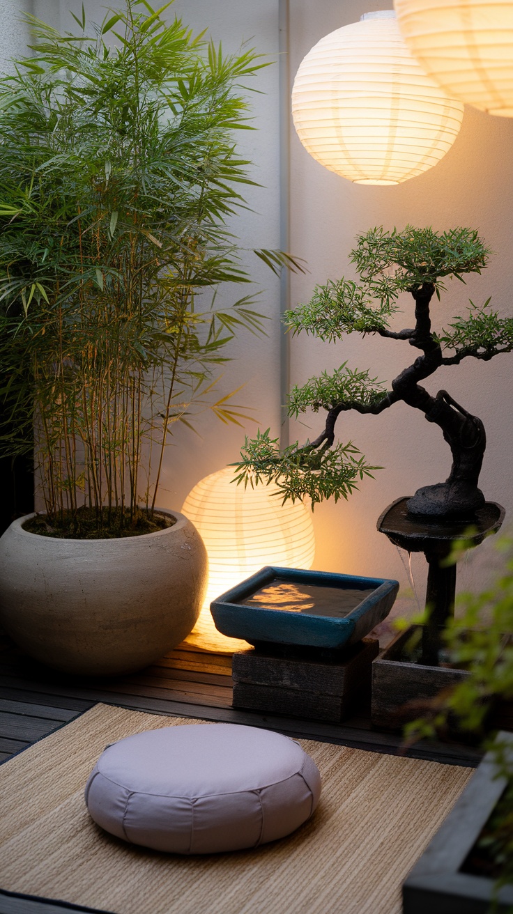 Cozy balcony garden with bamboo plants, lanterns, and a comfortable cushion.