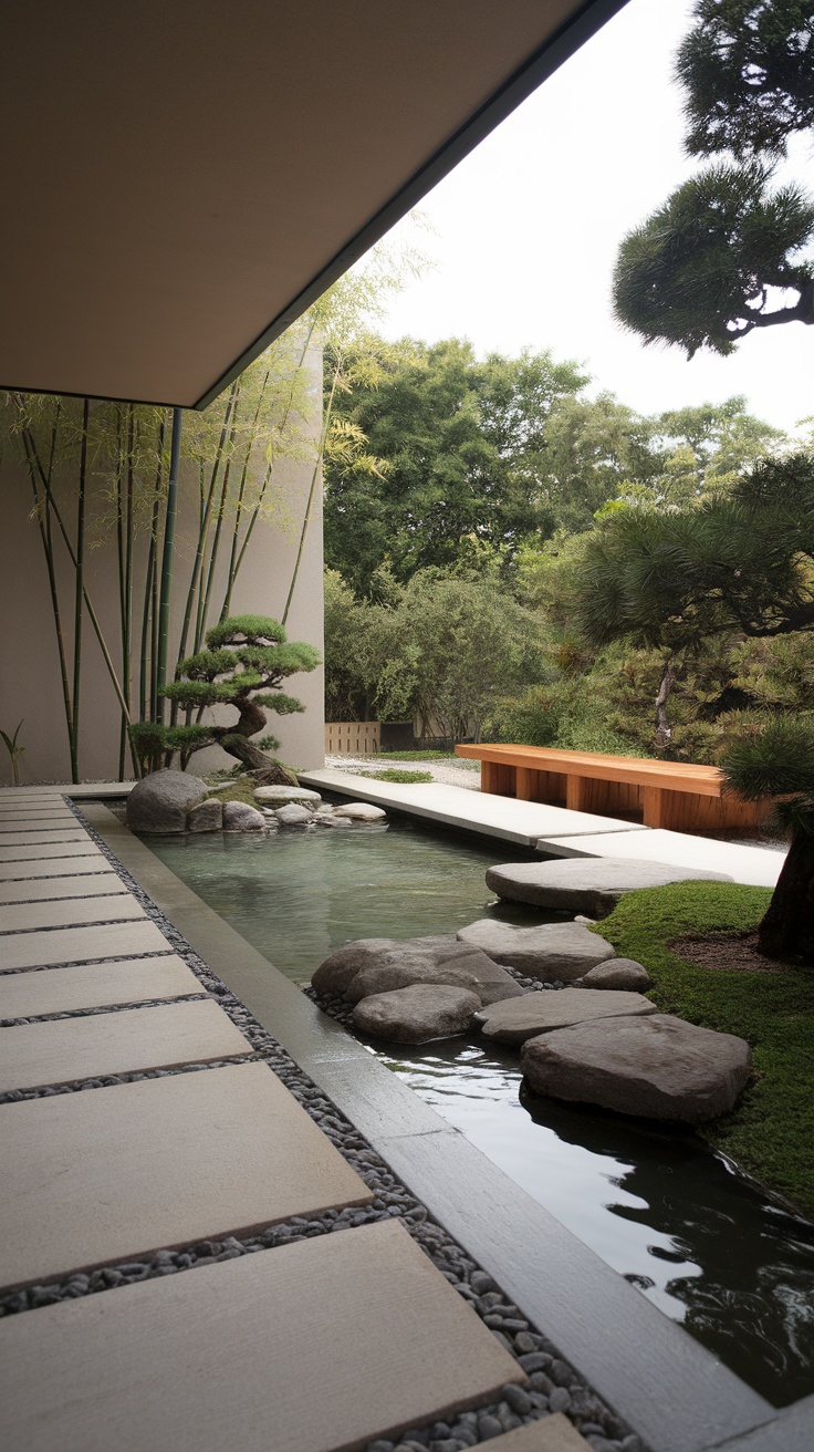 A Zen-inspired patio featuring a water feature, stone pathway, and lush greenery.