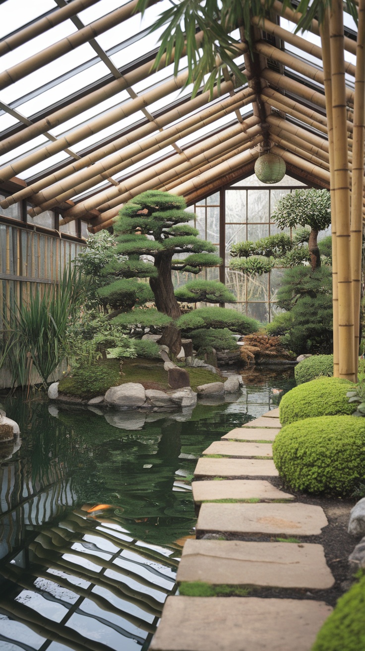 A beautiful greenhouse featuring bamboo structure and lush plants surrounding a tranquil pond.