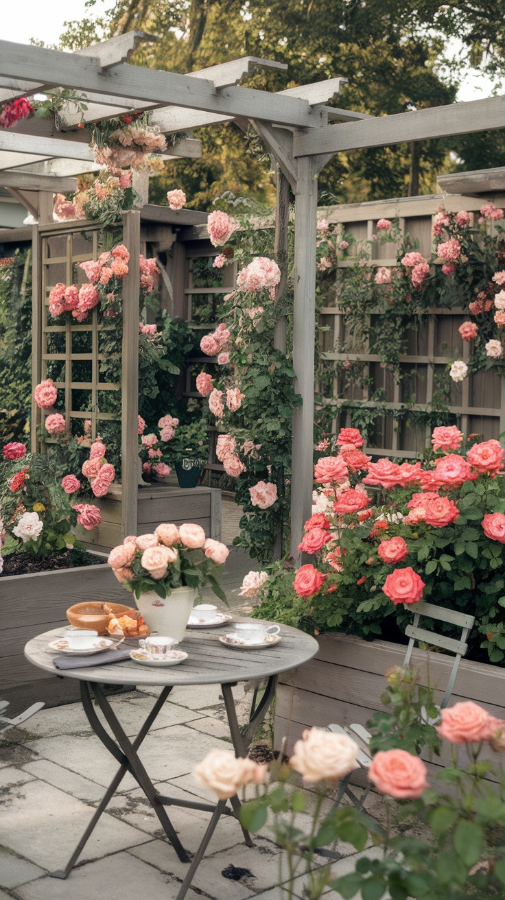 A serene backyard rose garden featuring a table with tea set, surrounded by blooming roses.