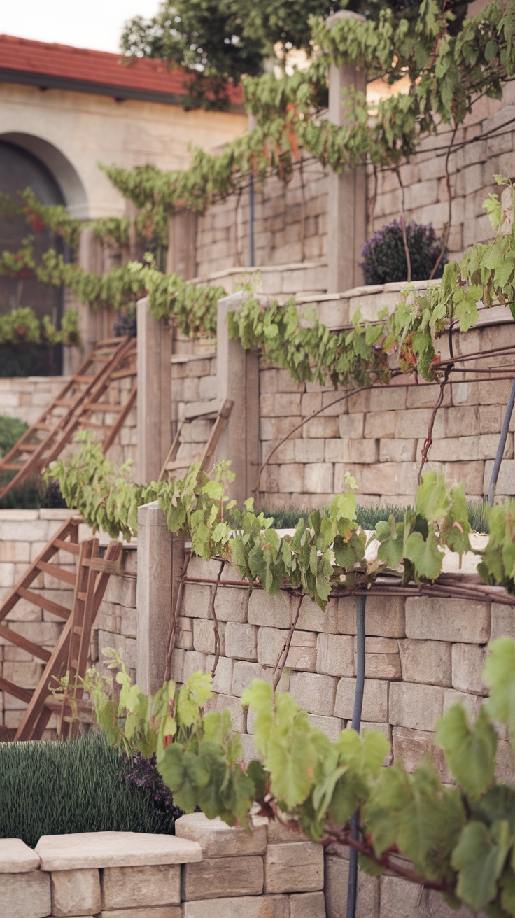 A backyard vineyard with grapevines growing on stone walls, showcasing a sloped yard.