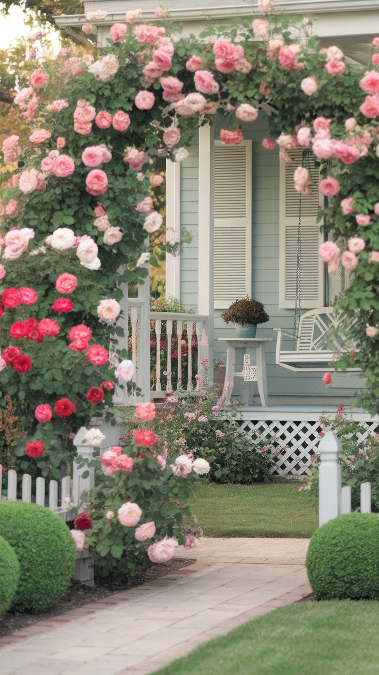 A picturesque front yard rose garden with an arch of blooming roses in shades of pink and red, leading to a charming porch.