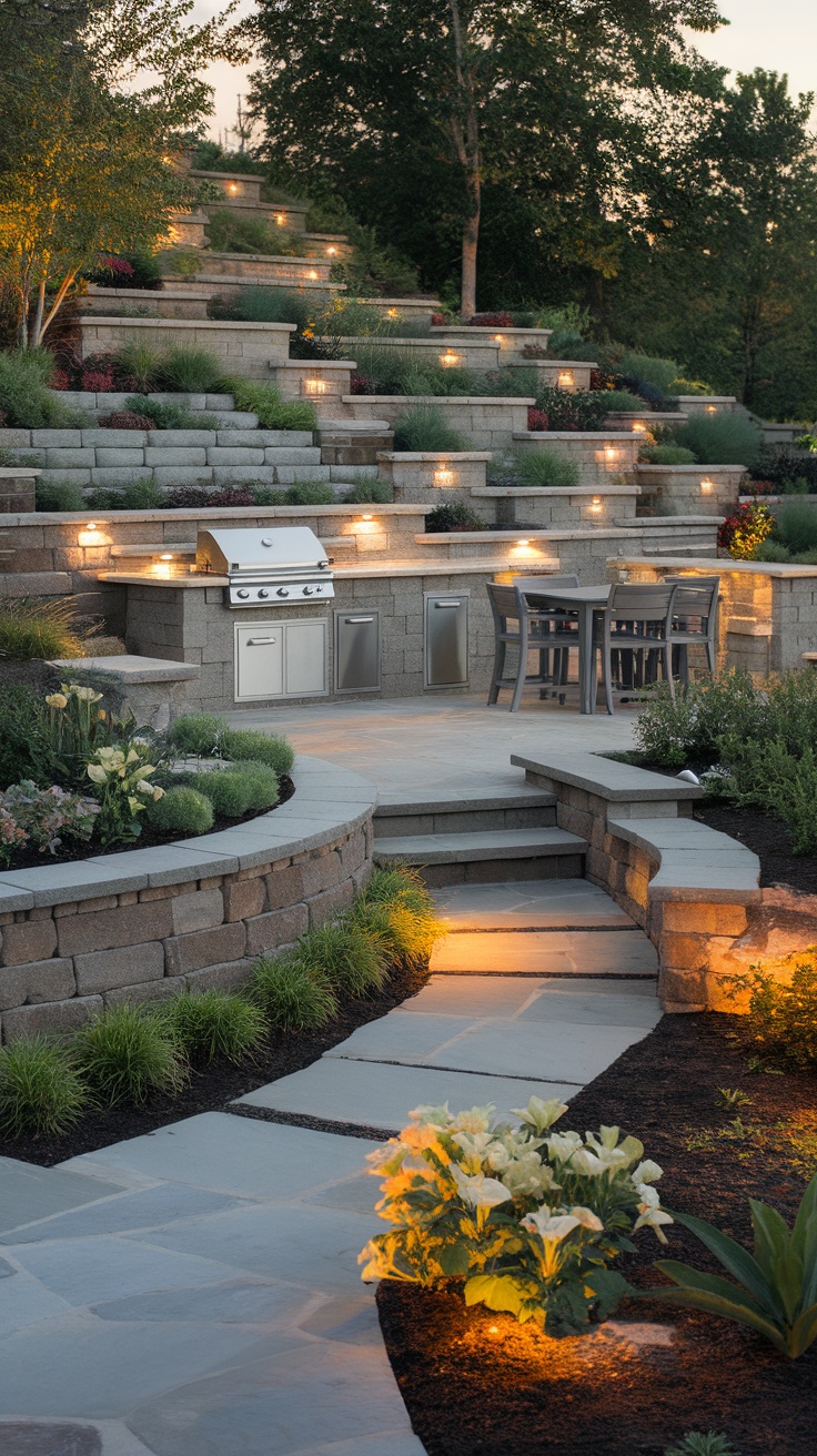 An outdoor kitchen and dining area on a hillside with soft lighting and lush landscaping.