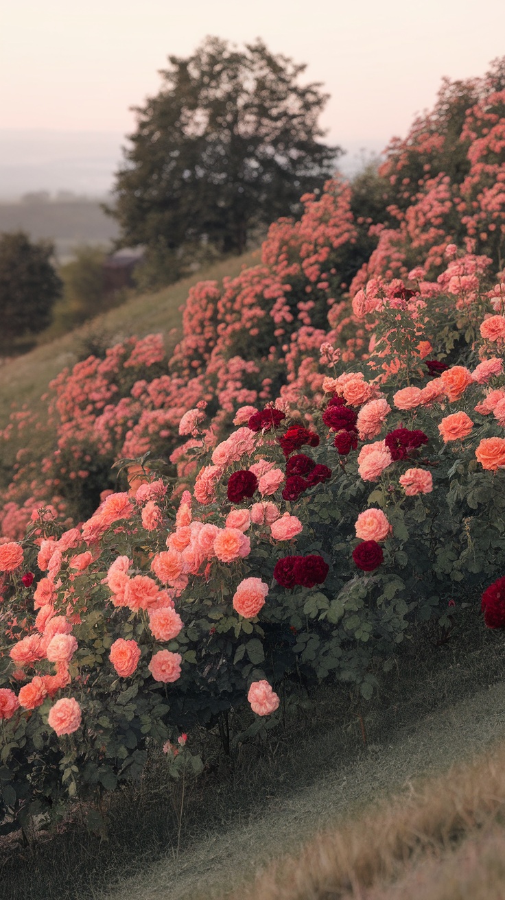 A hillside covered with blooming roses in shades of pink and red, set against a soft, pastel sky.