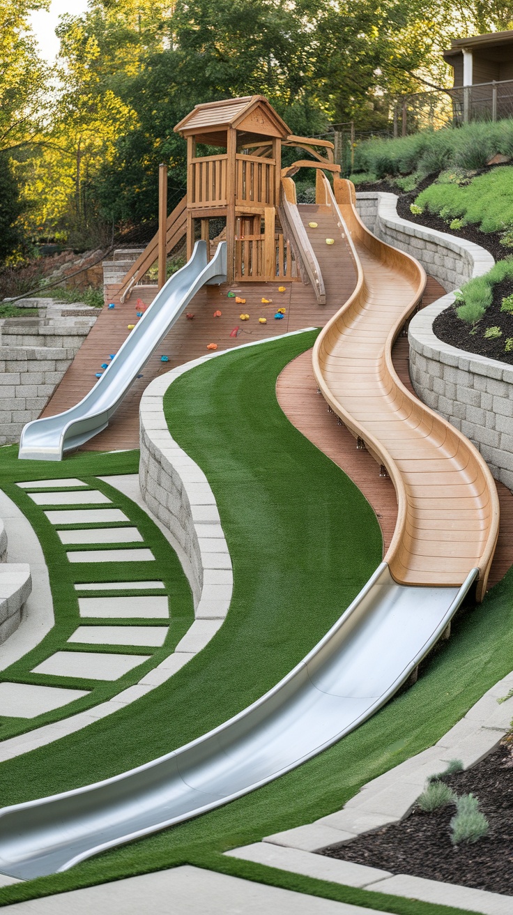 A playground in a sloped yard featuring wooden play structure, slides, climbing wall, and green grass.