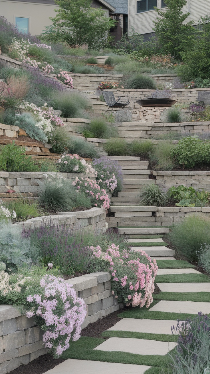 A beautifully designed sloped yard featuring stone pathways, a variety of flowers, and cozy seating.