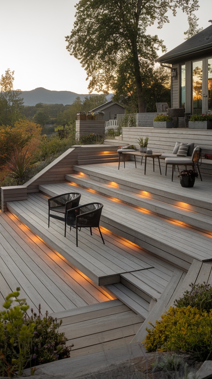 A modern sloped backyard with wooden steps, warm lighting, and seating.