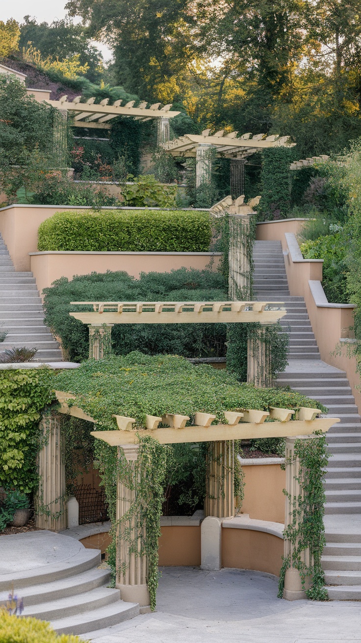 A multi-tiered pergola structure surrounded by greenery and steps in a sloped garden.