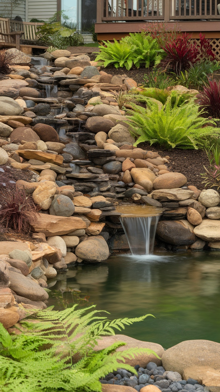 A serene natural waterfall garden with flowing water over rocks and lush green plants.