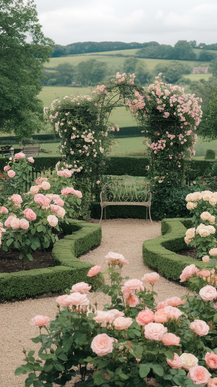 A romantic English rose garden with pink roses, a bench, and lush greenery.