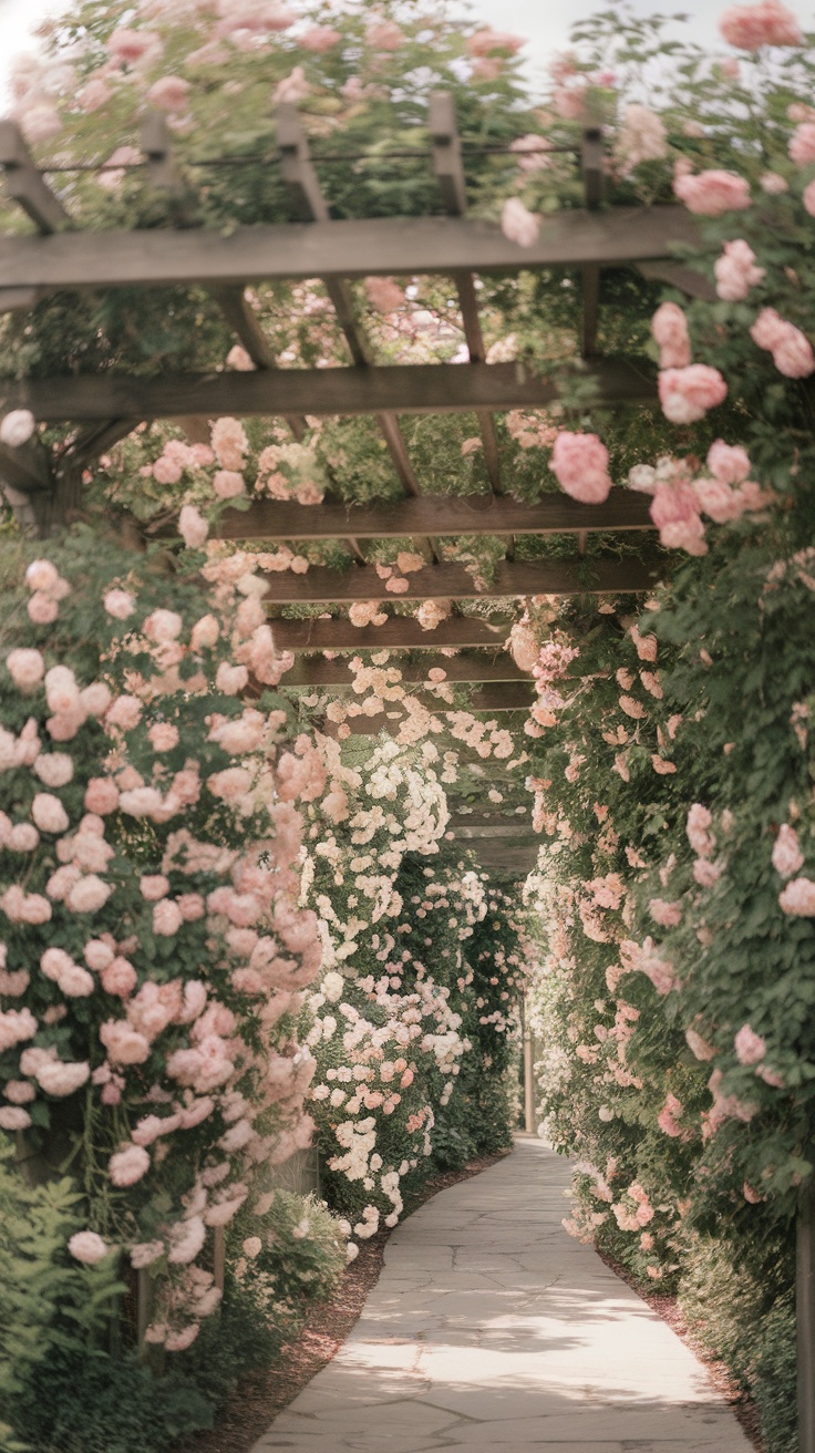 A beautiful pergola walkway adorned with blooming pink and white roses on either side