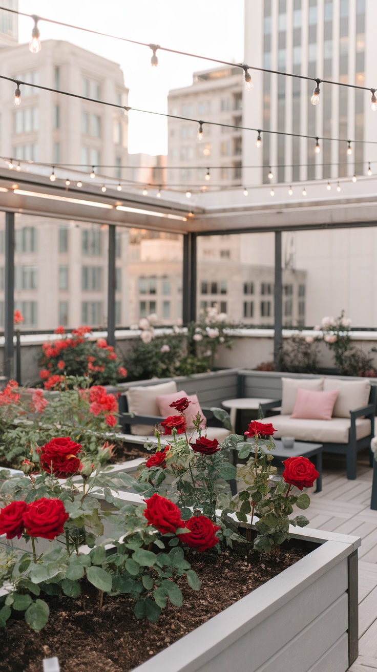 A beautiful rooftop rose garden with vibrant red roses, cozy seating, and twinkling lights.