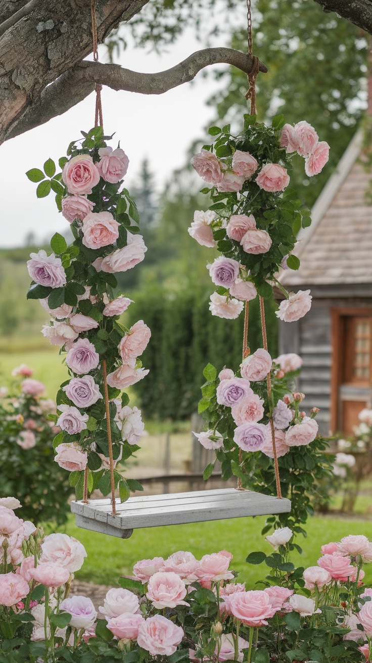 A swing adorned with pink and lavender roses hanging from a tree in a beautiful rose garden.