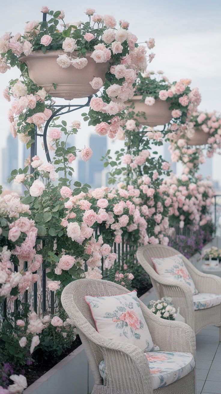 A balcony adorned with pink roses, featuring wicker chairs and a city skyline in the background.