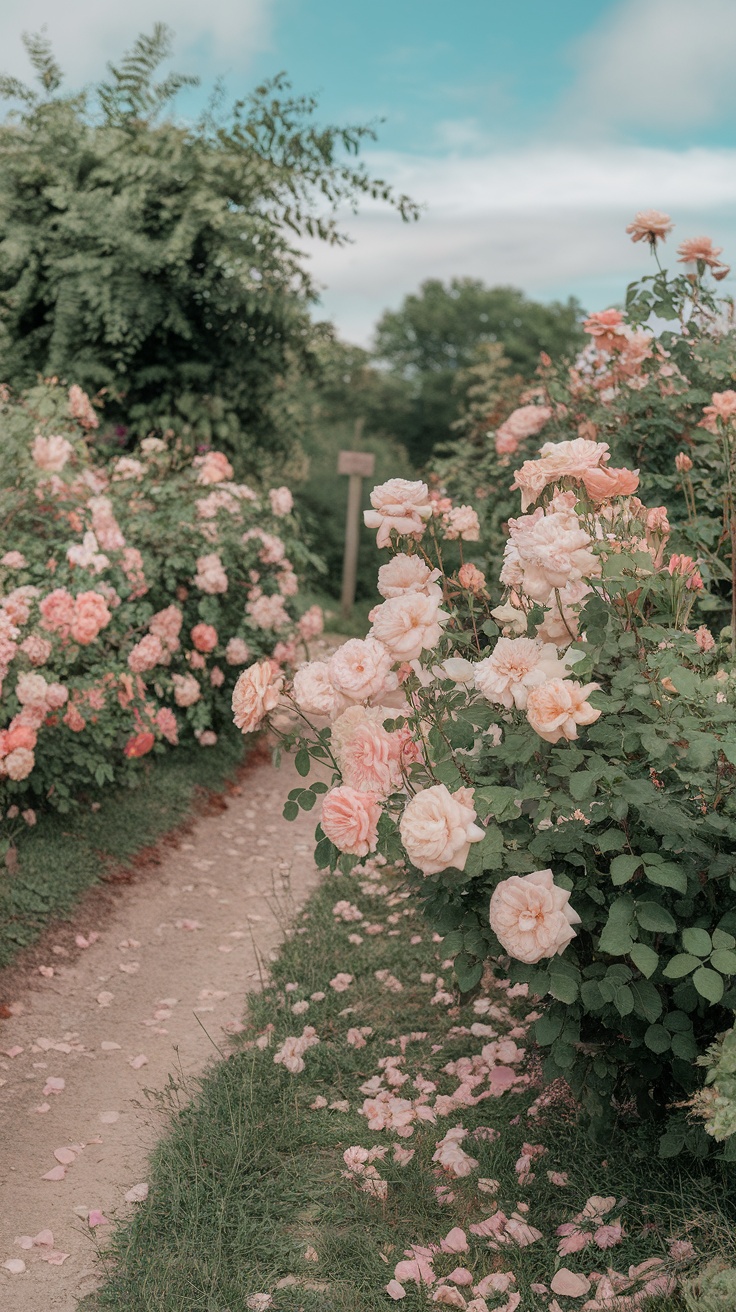 A serene pathway lined with blooming pink roses, surrounded by lush greenery and petals scattered on the ground.