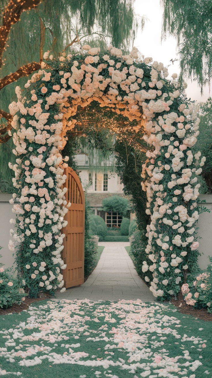 A wooden archway covered in roses leading to a garden path, with flower petals scattered on the ground.