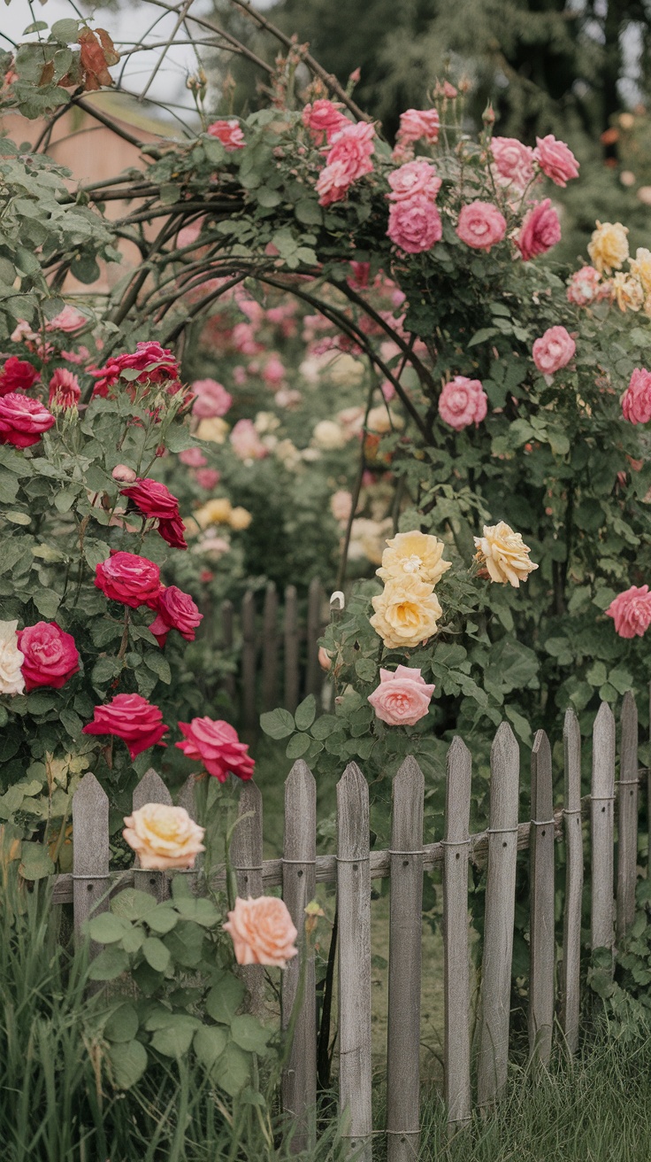 A rustic garden with a wooden fence and wild roses in various colors.