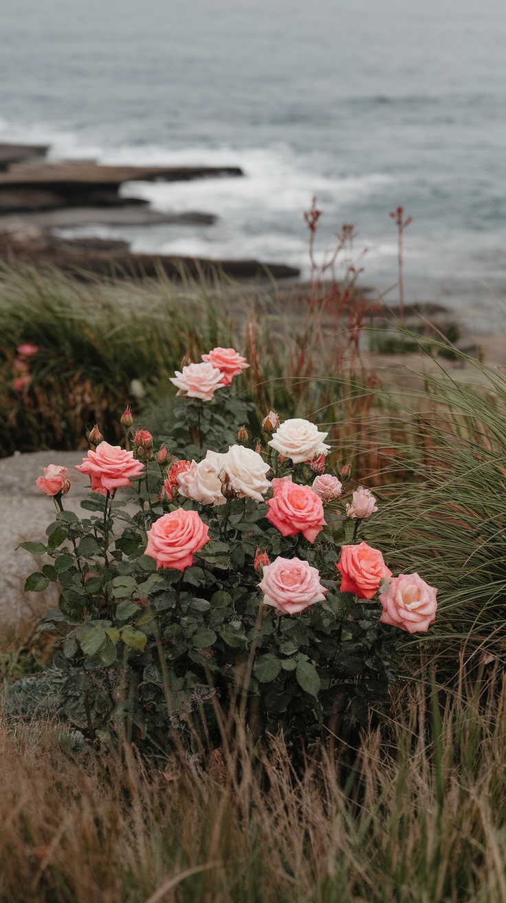 Seaside rose garden with pink and white roses in front of the ocean.