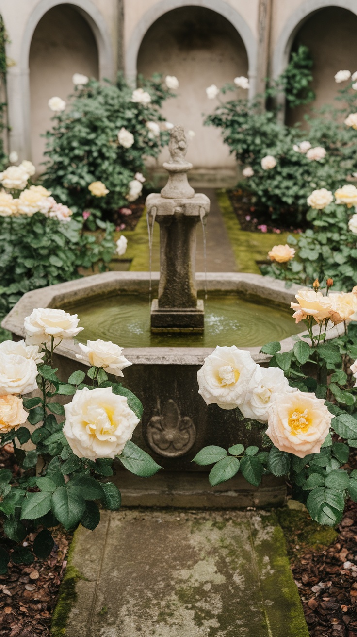 A tranquil courtyard with a fountain surrounded by blooming roses in soft cream and peach colors.