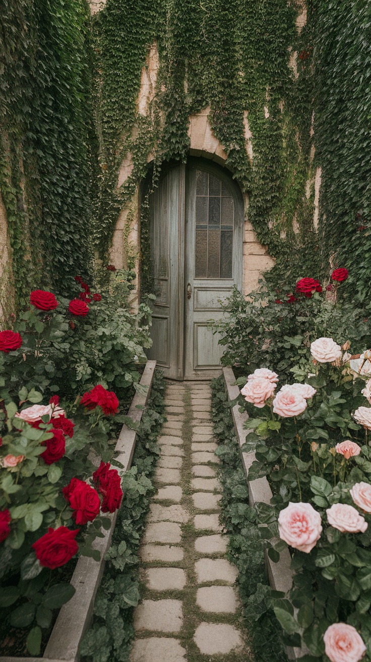 A secret garden pathway flanked by red and pink roses leading to a charming door surrounded by greenery.