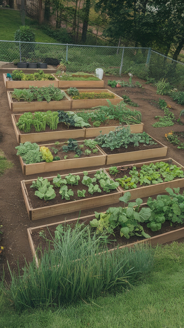 A sloped yard vegetable garden with several raised beds filled with various vegetables and greens.