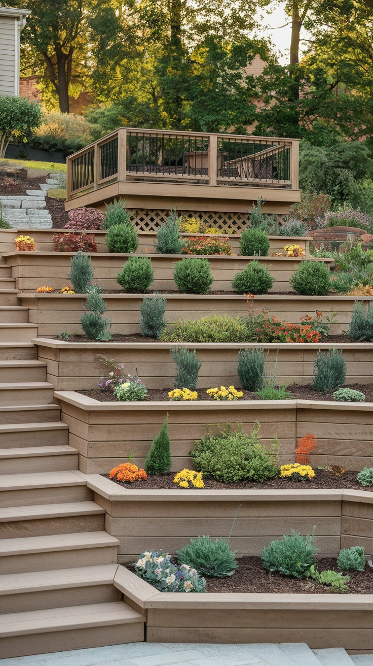 A beautiful sloped yard with a wooden deck overlooking a tiered garden filled with various plants and flowers.