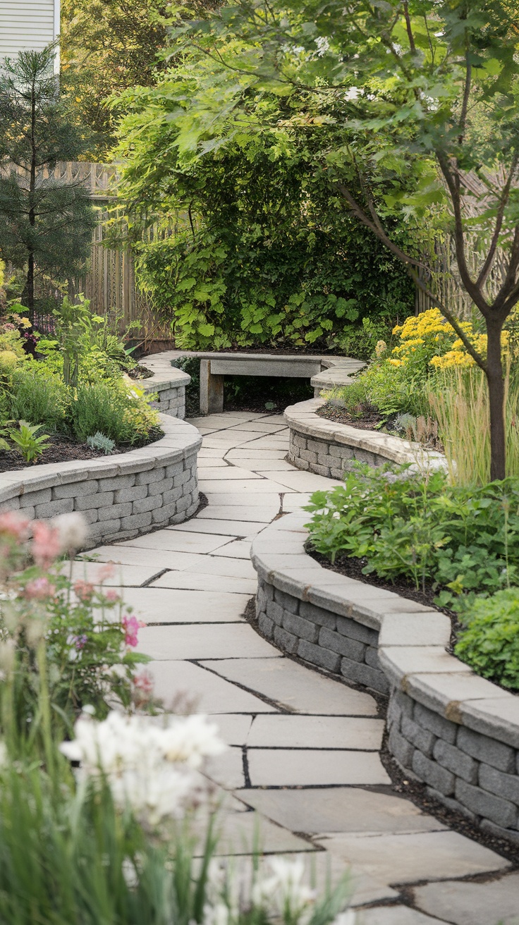 A sloped yard featuring a meandering stone path surrounded by colorful plants and a wooden bench.