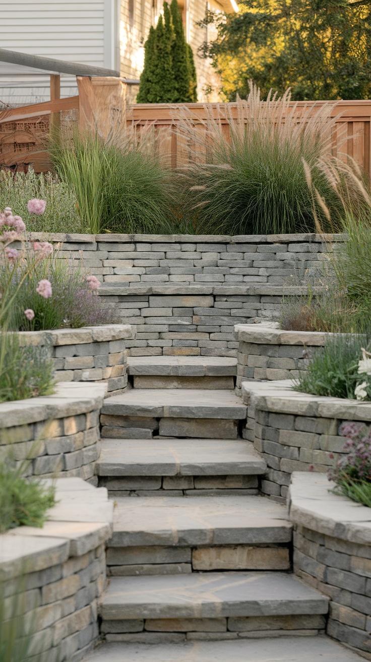 A sloped yard featuring stone steps leading up to a bench alcove surrounded by greenery.