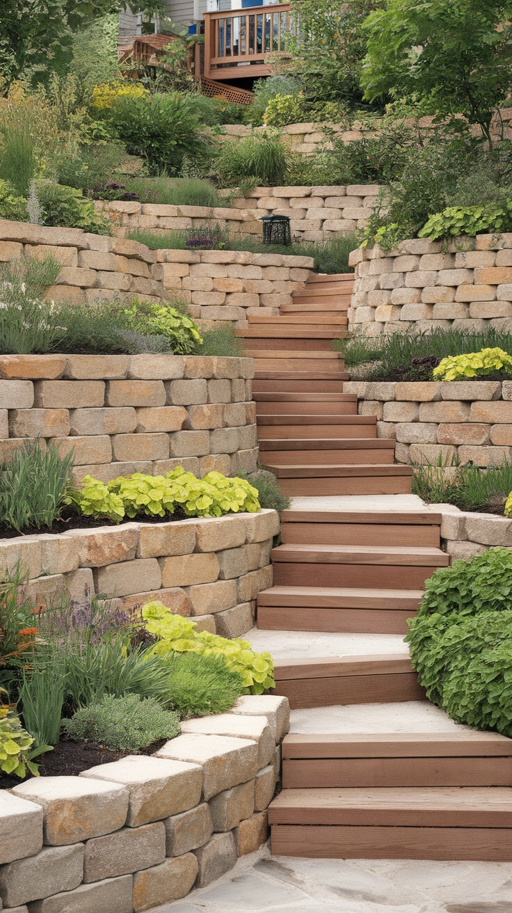 Terraced yard with stone walls and wooden steps