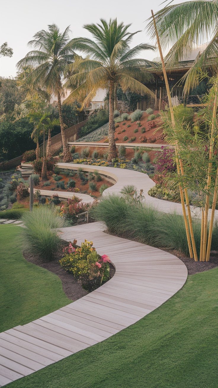 A tropical sloped backyard with winding pathways, palm trees, and colorful flowers.