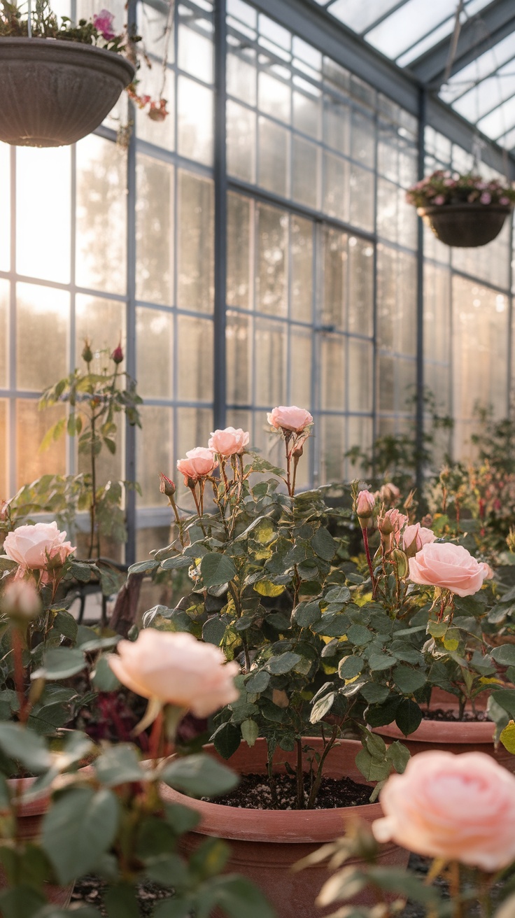 A beautiful Victorian-style greenhouse filled with blooming pink roses and hanging plants