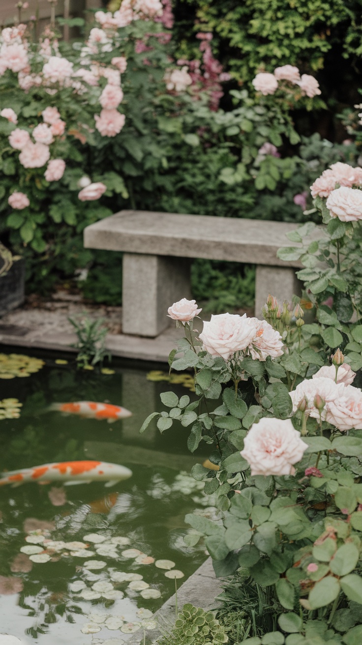 A tranquil Zen rose garden featuring pink roses and a koi pond with a stone bench.