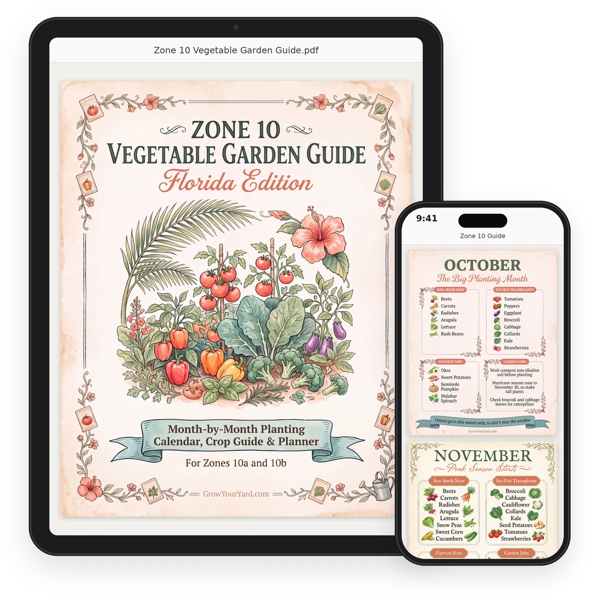 The Florida Zone 10 guide open on a tablet and a phone
