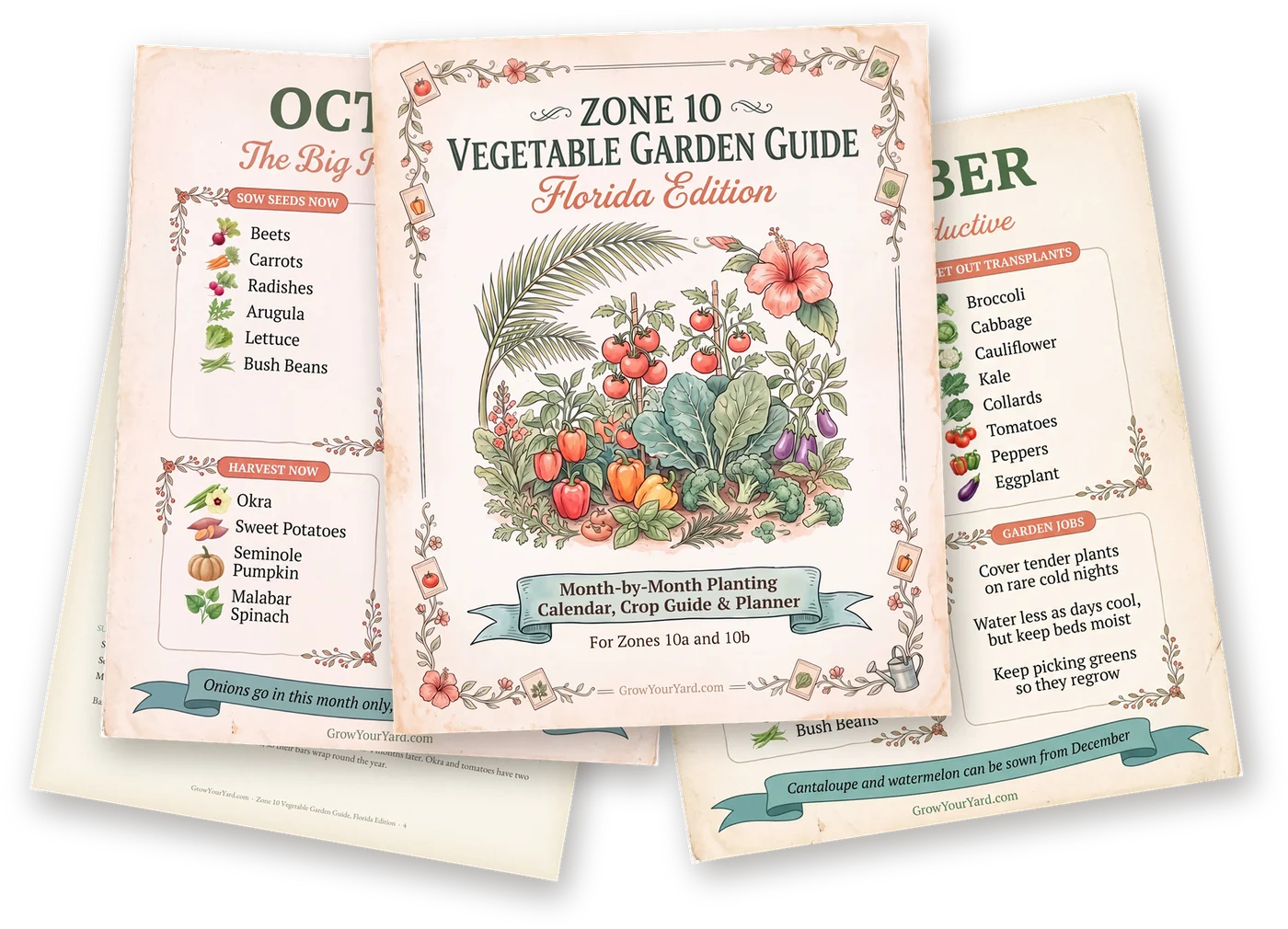 Zone 10 Vegetable Garden Guide Florida Edition cover with the October and December planting pages and the year at a glance chart